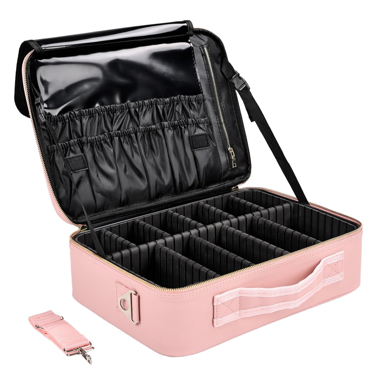 Travel Makeup Bag with Brush Holder, Professional Cosmetic Train Case Organizer, Portable Travel Makeup Brush Carry Case Artist Storage Box with Adjustable Dividers and Shoulder Strap, Leather Pink