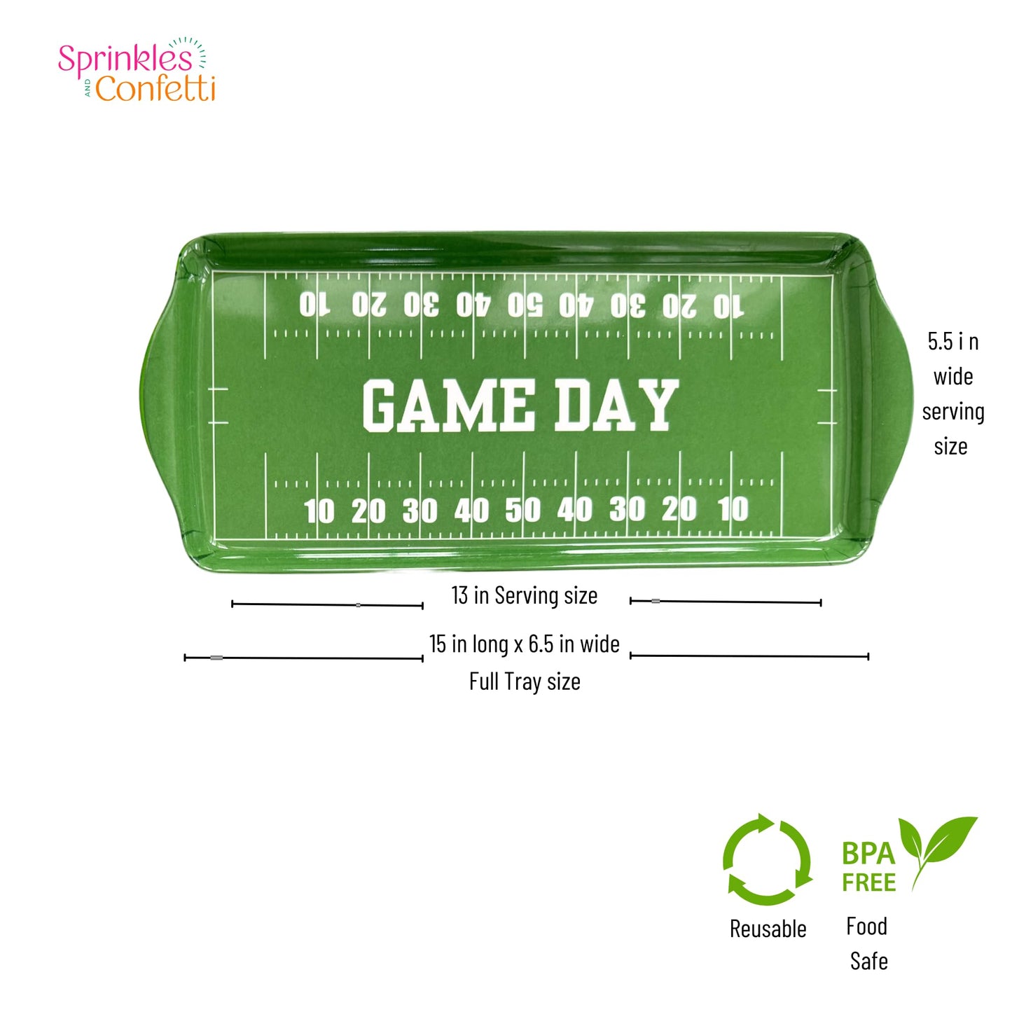 Sprinkles & Confetti Green Game Day Melamine Serving Tray with Handles - BPA-Free, Reusable Platter for Tailgates, Birthdays, Sports Parties - Durable for Charcuterie, Snacks, Wings
