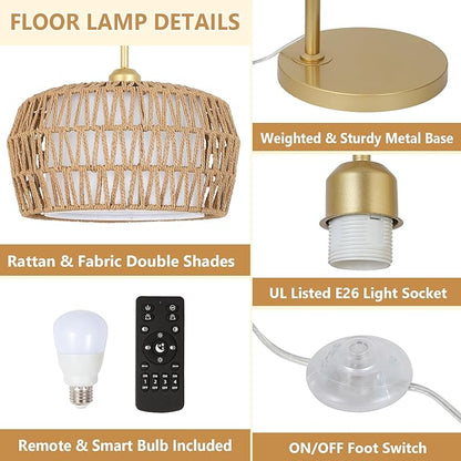 Gold Floor Lamps for Living Room, Boho Rattan Floor Lamp with Remote and Dimmable Bulb, 3 Color Temperatures, Modern Arc Standing Lamp with Wicker Shades, Farmhouse Tall Lamp for Bedroom