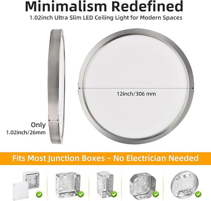 Hlite 6pack 12 inch Flush Mount LED Ceiling Light Fixture,24W 2400LM Super Slim Light Fixtures Ceiling Mount 3000K/4000K/5000K 3CCT Selectable,Ceiling Light Fixtures for Kitchen,Bedroom (Nickel)