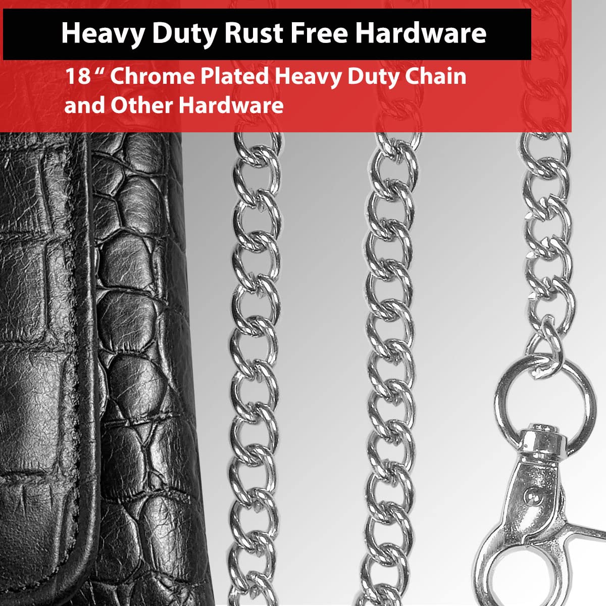 IBRO Motorcycle Chain Wallet for Men – Premium Cowhide Leather, RFID Tri-Fold Biker Wallet with Heavy Duty Chain for Bikers Truckers & Hunters, Credit Card Money Organizer Long Wallet Crocodile Black