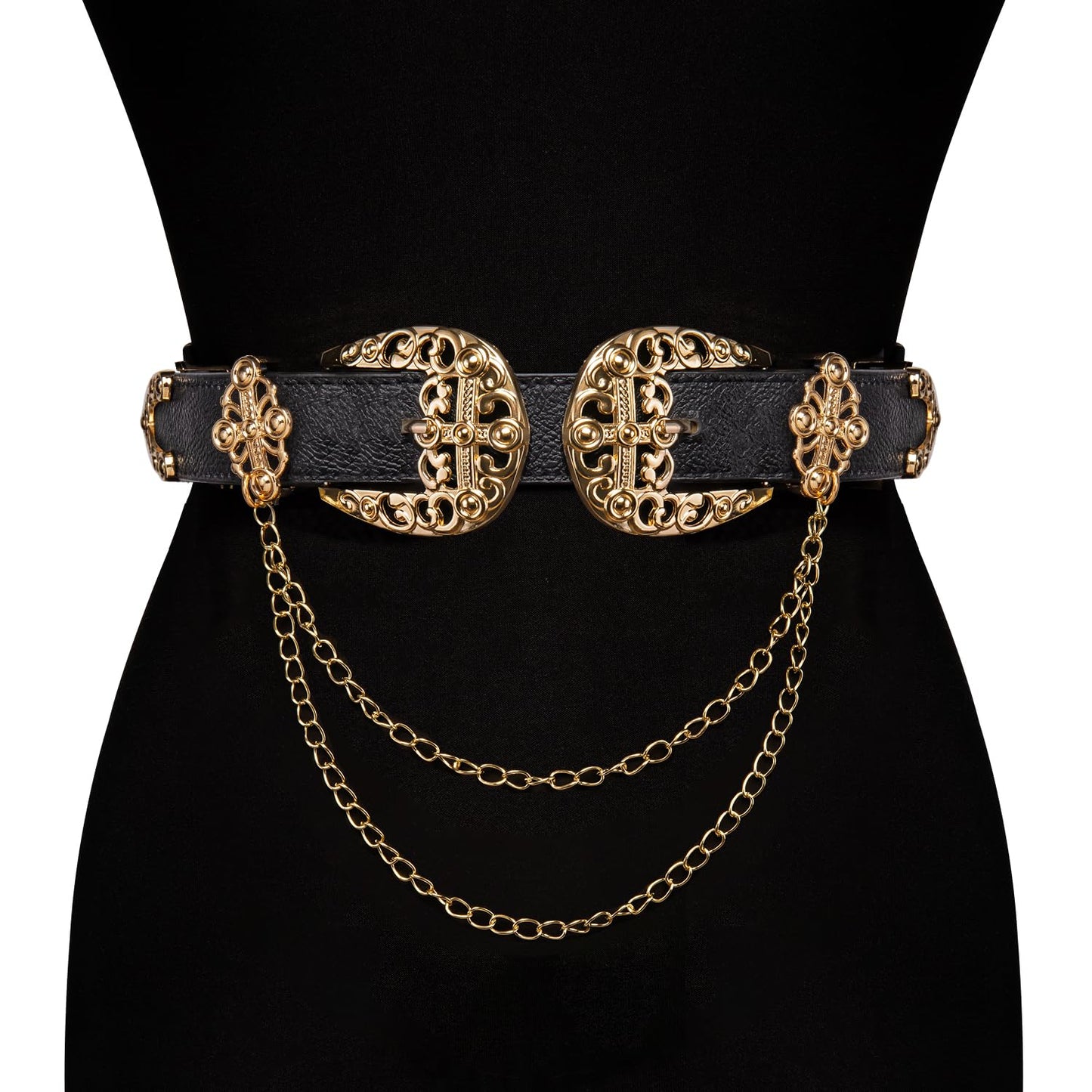 Barry.Wang Women Double Western Belt Vintage Leather Black Belt Gold Buckle Design Elastic Waist Chain Jeans Dresses Cowgirl