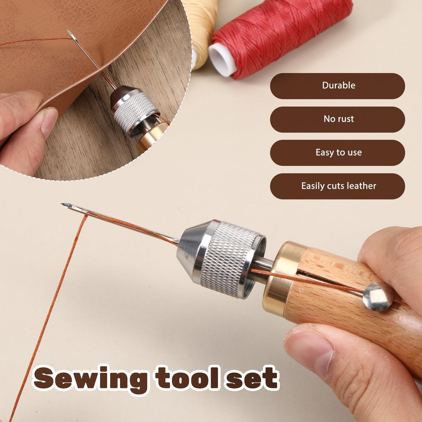 24pcs Leather Sewing Awl Needles Kit Professional Portable Leather Stitching Tool with Straight Curved Needles Waxed Threads Screwdriver Scissors Tape Measure for Furniture Repair