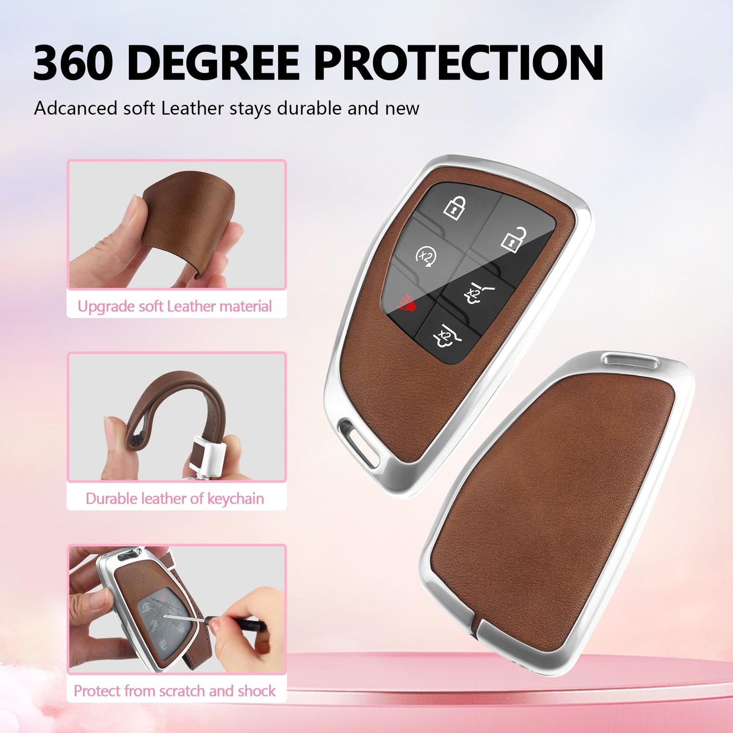 HEKBRYN for Chevy Key Fob Cover PU Leather, 3/4/5/6 Button Heavy Duty Car Key Case for Chevy 2022 2023 2024 2025 2026 GMC Sierra 1500 Suburban Tahoe Yukon Denali Silverado 2500HD(Silver-Brown)