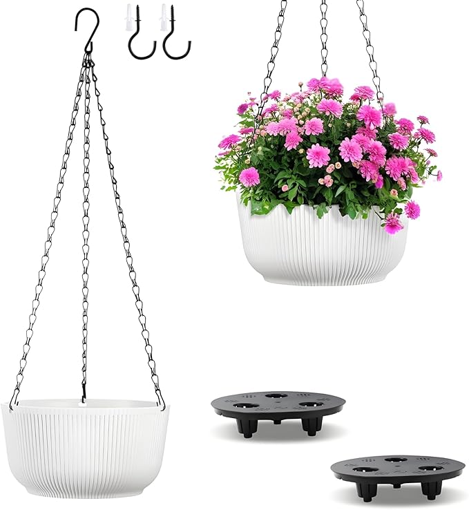 Set of 2 10 Inch White Self Watering Hanging Planters for Indoor Outdoor Plants, Thickened Hanging Flower Pots with Drainage Hole & Plug and 20" Chain Hanger