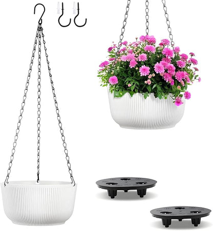 Set of 2 10 Inch White Self Watering Hanging Planters for Indoor Outdoor Plants, Thickened Hanging Flower Pots with Drainage Hole & Plug and 20" Chain Hanger