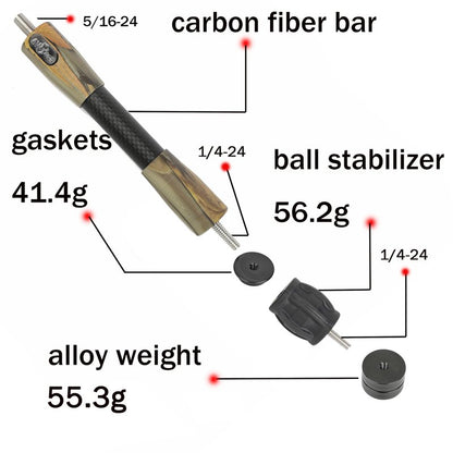 HNZMDY Archery Bow Stabilizer for Compound Bow, 6", 8",10",12",15" Carbon Fiber Blance Bar, Damping System and Shock Absorber Weights Kit (15 inch, Black camo)