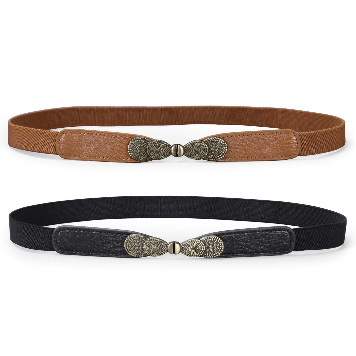 JASGOOD Women Skinny Elastic Stretch Belts for Dresses Retro Ladies Waist Vintage Thin Belts 2 Pack, Brown+ Black