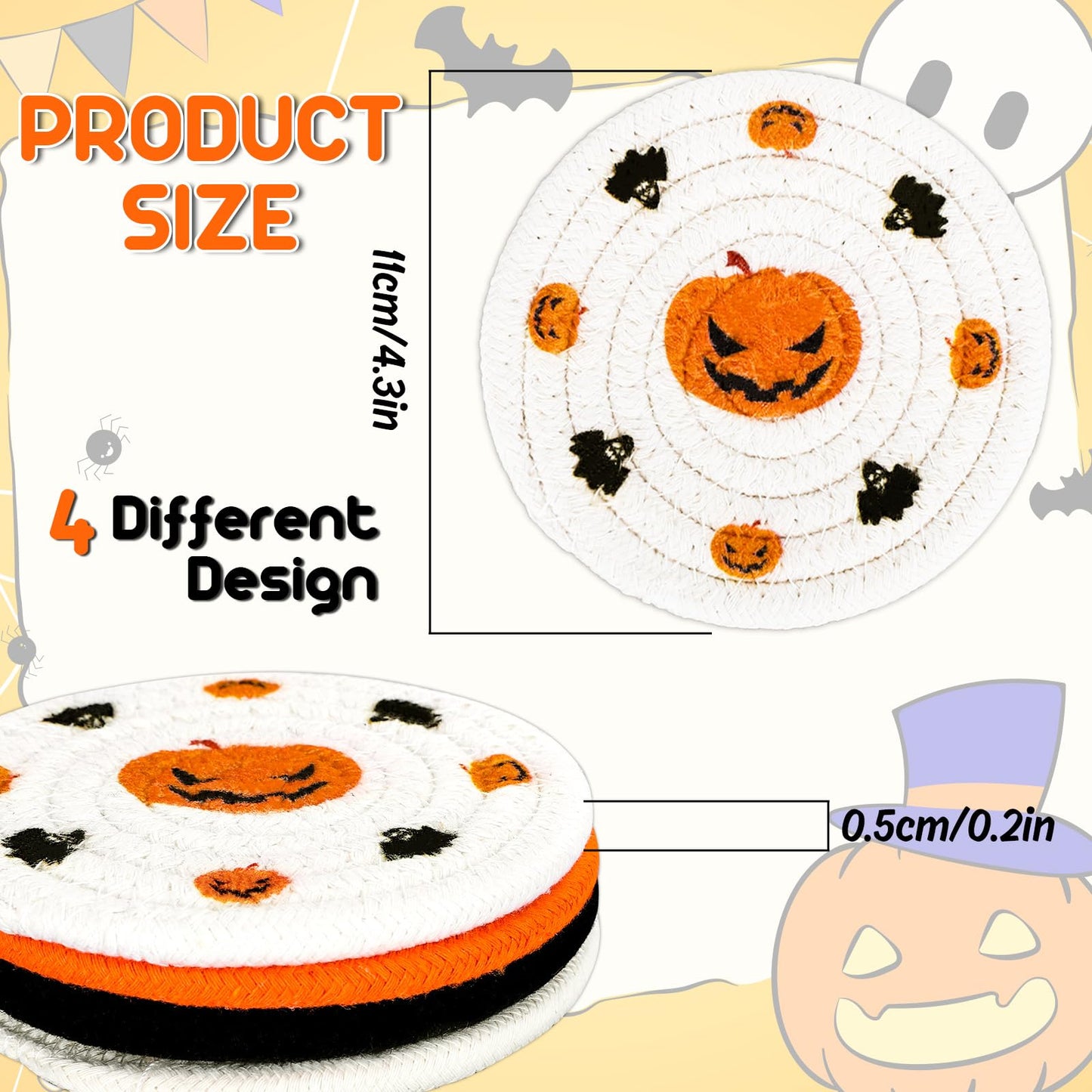 Whaline 4 Pack Halloween Handmade Braided Drink Coasters Black Orange Pumpkins Witch Hats Absorbent Cotton Cup Coasters Heat Resistant Cup Mats for Halloween Home Kitchen Office Table Decor, 4.3 Inch