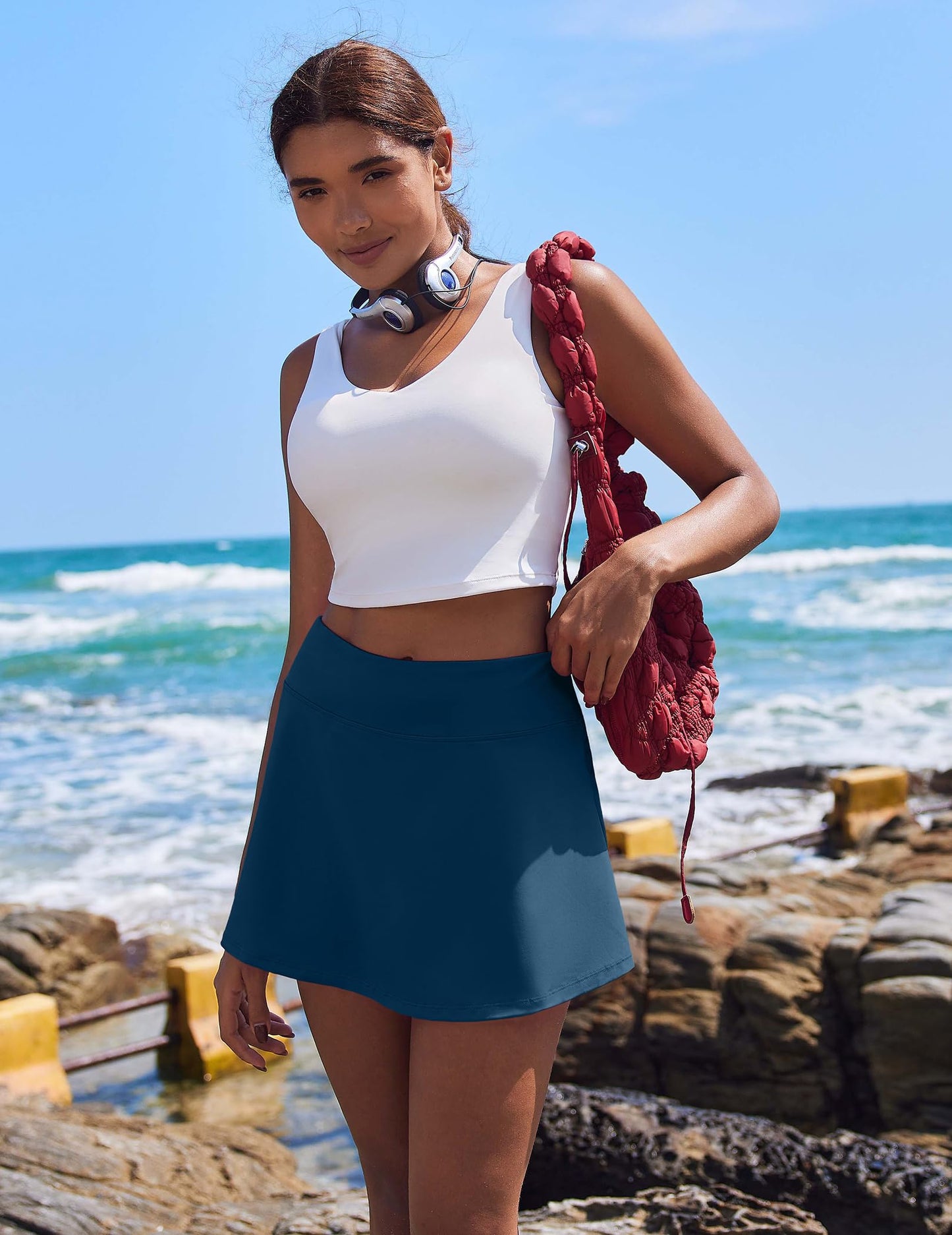 PINSPARK Tennis Skirts for Women Workout Golf Skorts Pleated High Waisted Athletic Skirt with Pockets,Dark Blue Small