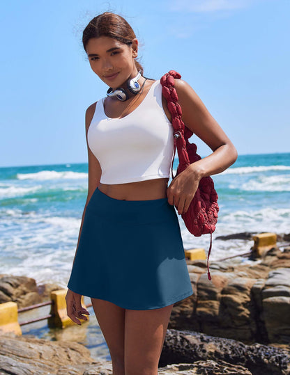 PINSPARK Tennis Skirts for Women Workout Golf Skorts Pleated High Waisted Athletic Skirt with Pockets,Dark Blue Small