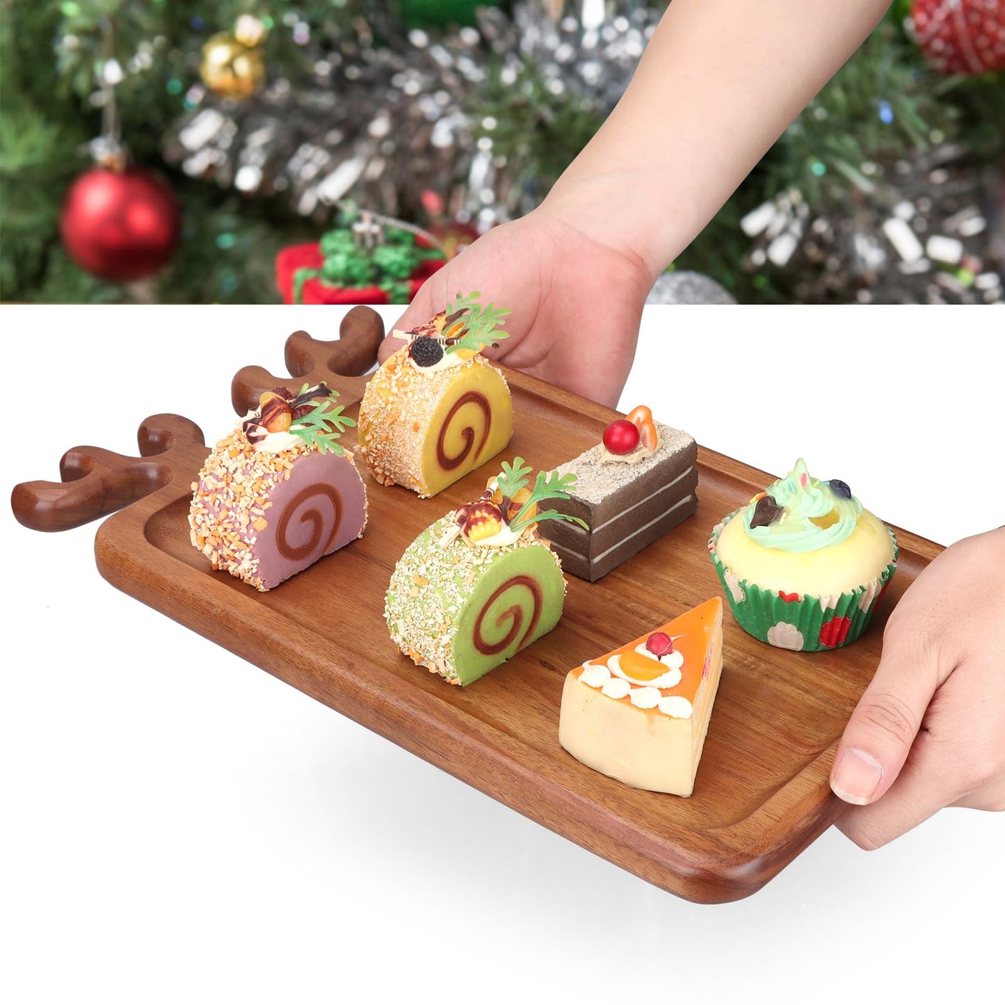 Renawe Decor Christmas Appetizer Platter for Xmas Charcuterie Board Wood Tray Kitchen Xmas Decoration Wooden Cheese Board Serving Dish Dessert Plate Reindeer Cookie Platters Gift