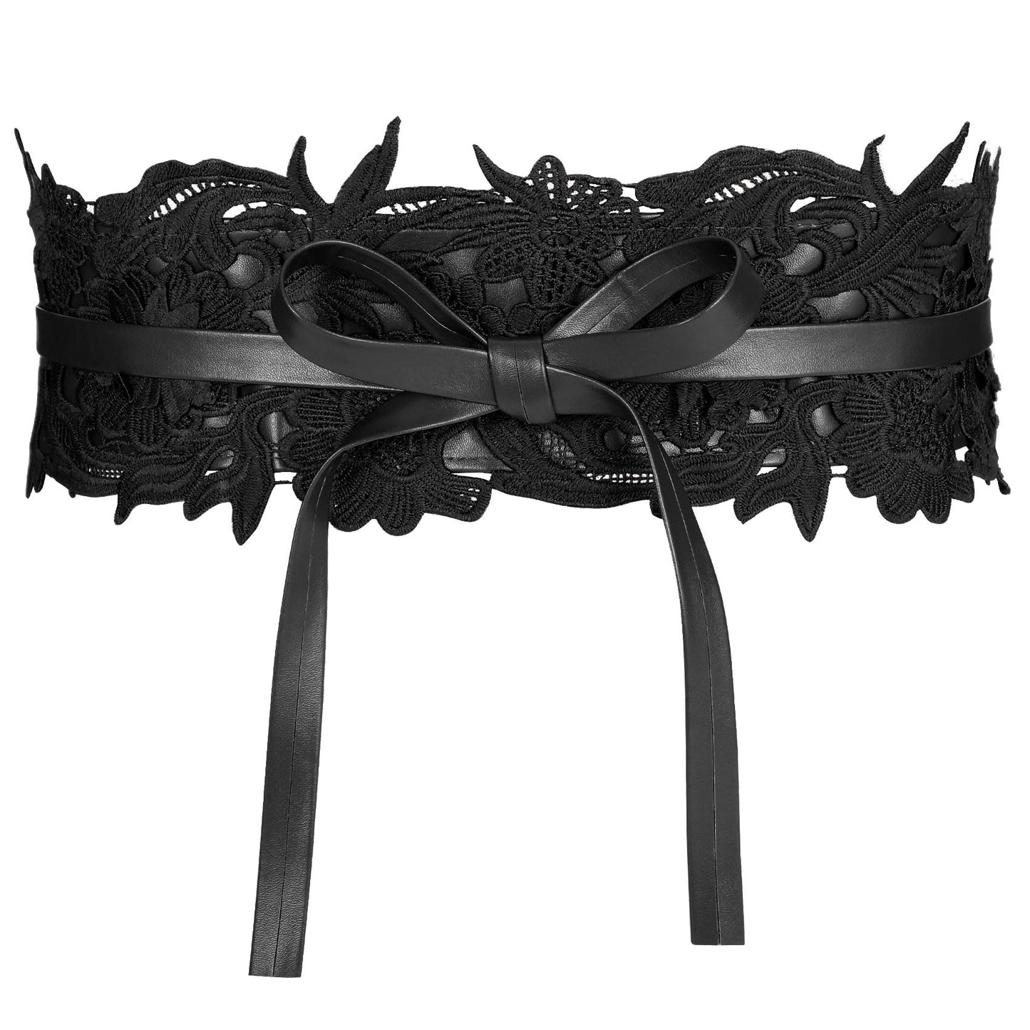 JASGOOD Women Lace Waist Belt Corset Waist Band Belt For Dress Obi Bowknot Cinch Wide Belt Bow Tie Wrap Boho Faux Leather,Black