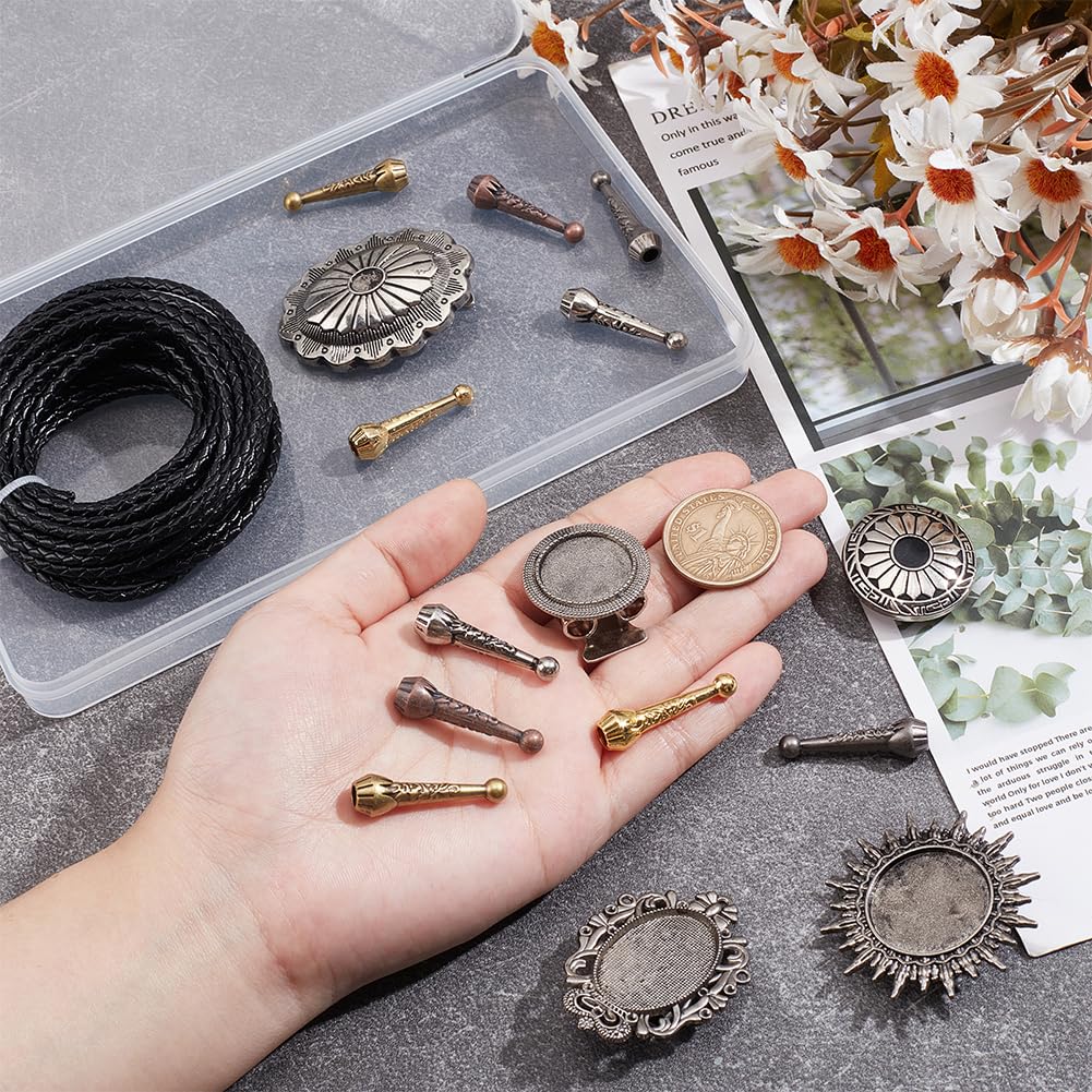 NBEADS 15Pcs Bolo Tie Findings Kit, Bolo Tie Tips Replacement Kit Bolo Tie Buckle with 10Pcs Alloy Cord End 5Pcs Bolo Tie Slide Clasps and 5.5 Yards Leather Necktie Cord for Bolo Tie Making