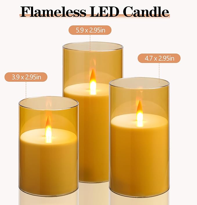Upinmz Gold Acrylic Flameless Candles with Remote Control and Timers，Battery Operated Candles，LED Pillar Candles with Dancing Flame ，for Home Decorations ，Set of 3