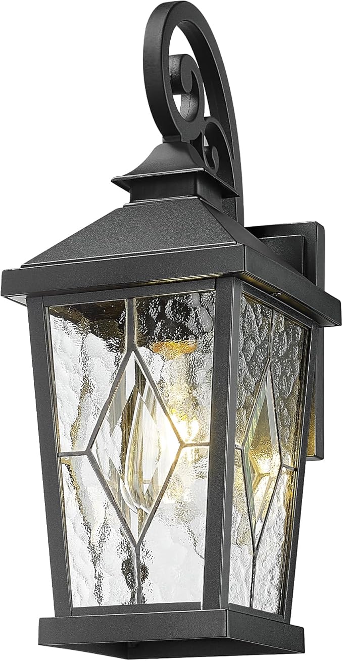 Emliviar Outdoor Porch Light 16 Inch, Farmhouse Wall Mount Fixture with Water Glass Shade, Matte Black Carriage Light for House, Yard, Garden, Patio, WE301B-SD BK