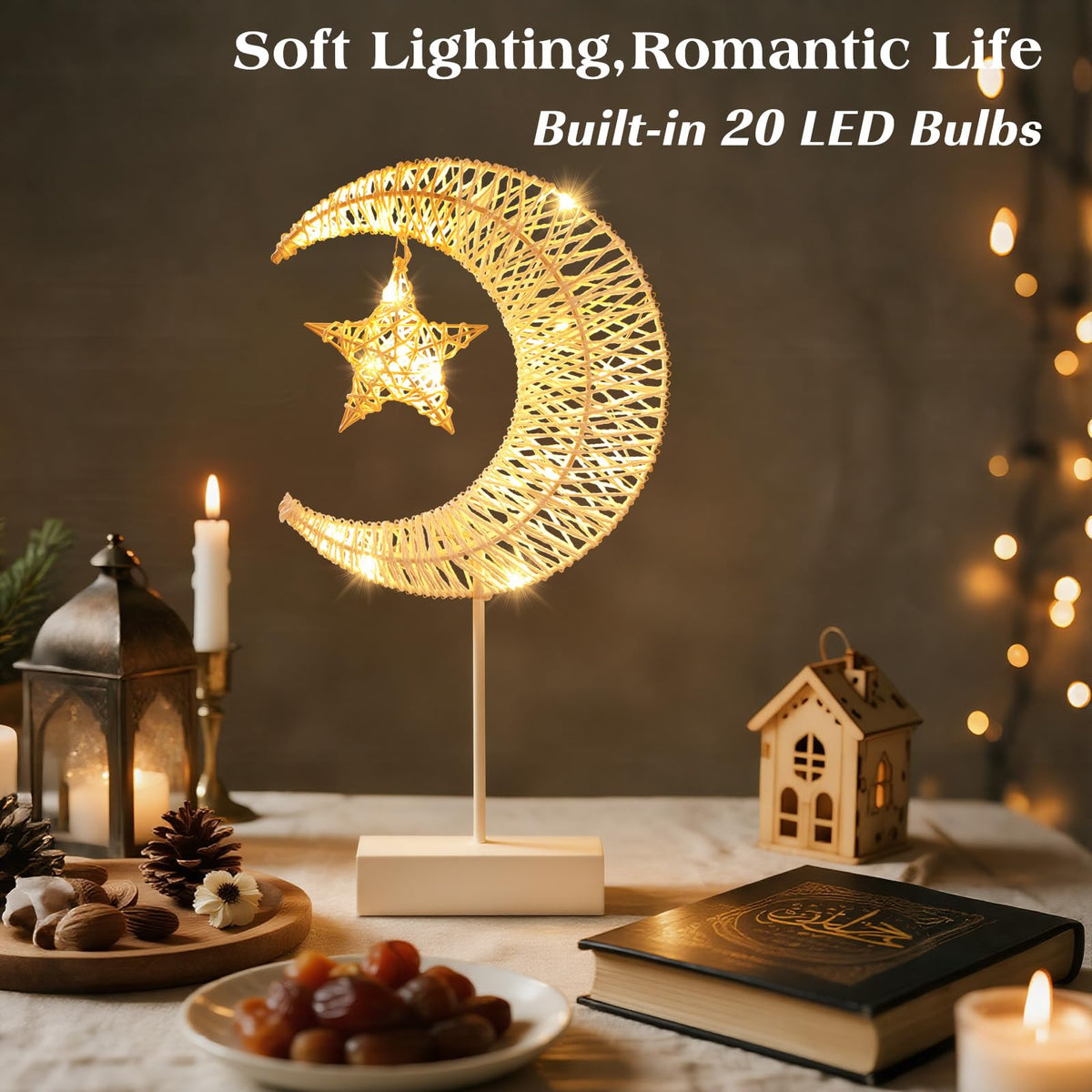 Lewondr Decorative Table Lamp, Christmas Moon Star Ramadan Desk Lamp Battery Powered Warm LED Crescent Light for Xmas Home Bedroom Bedside Desktop Nightstand Decoration, White