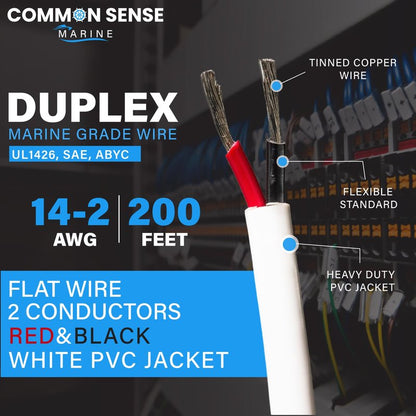 14 Gauge 2 Conductor Marine Wire - 200 ft Duplex Flat Marine Grade Wire Tinned Copper Oxygen-Free Insulated - 14/2 AWG UL 1426 Standard PVC Wire for Boat, Automotive, Speakers, Camper & Trailers
