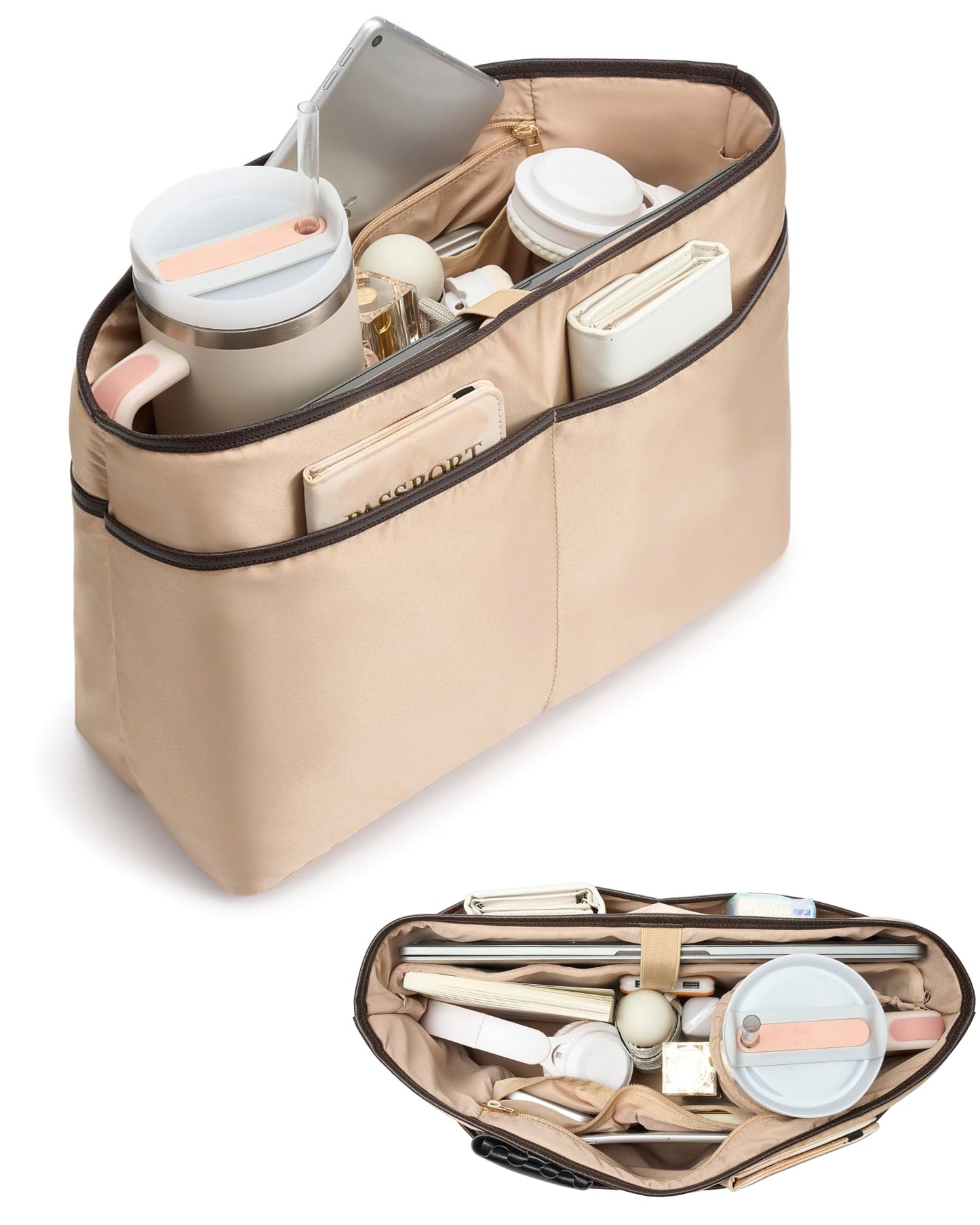 TOVICE XL Purse Organizer Insert for Tote Bag with 40oz Cup Holder & 16" Laptop Sleeve - Satin Bag Organizer with 10 Pockets, Light Weight,Compatible with Neverfull GM, XL Tote Bag Organizer Insert