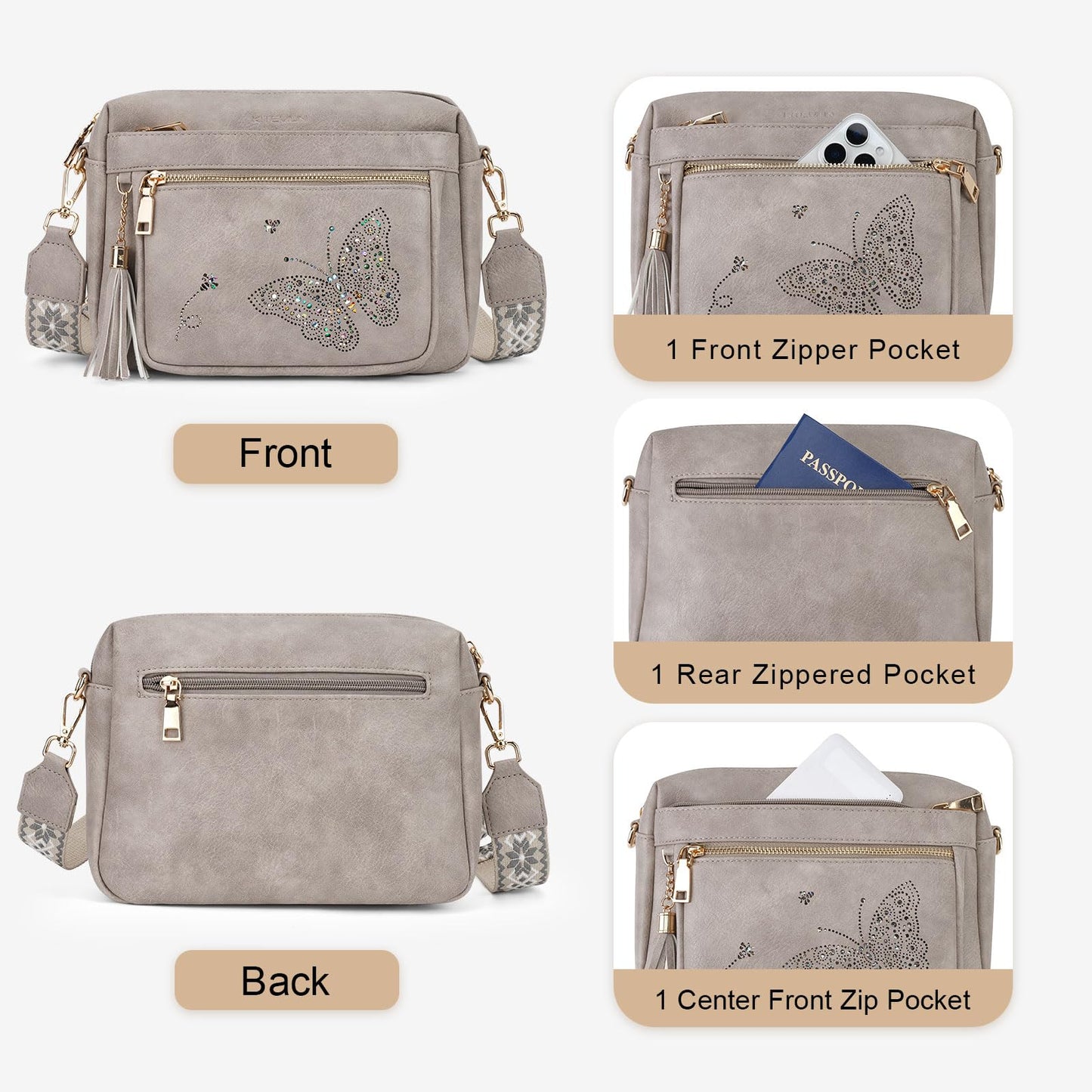 KITEVIUN Crossbody Bags for Women Trendy Leather Crossbody Purse Shoulder Handbags Butterfly Design