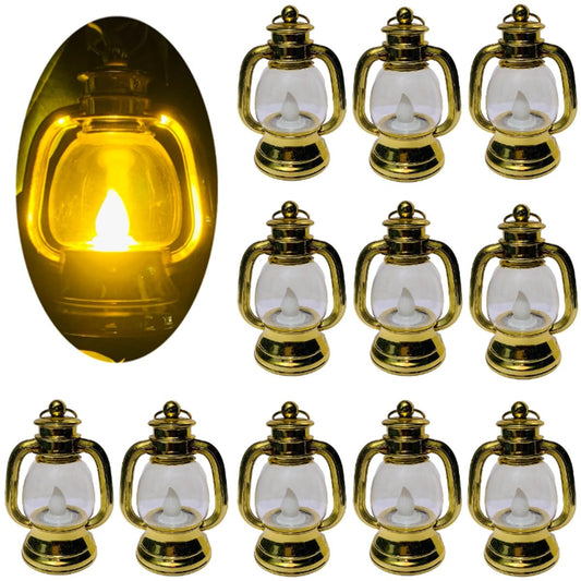 WANGMINGTU 12 Pack Mini Lantern with 4" Flickering LED Candle, Vintage Lanterns Ornaments Table Centerpiece Halloween Western Party Christmas Tree Decorations… (Golden B)