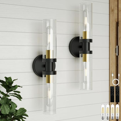 Rechargeable Battery Wall Sconce Set of Two, 8000mAh Cordless, Dimmable, Timer, Remote, Touch Control, 3000K, USB-C Charging for Living Room, Bedroom Black Gold (Include 4 Special Bulbs)