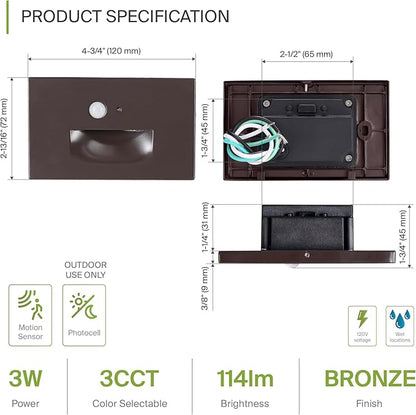ASD LED Recessed Step Light Fixture, Dusk to Dawn Outdoor Tread Lighting | 3CCT, Motion Sensor, Photocell, Waterproof, ETL Listed | 3W 120LM 3000K-5000K 120V | Staircase Illumination | Dark Bronze