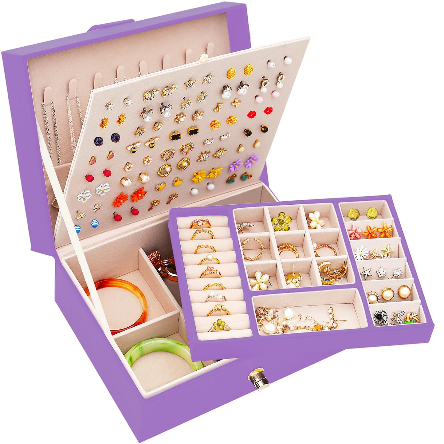 Earrings Jewelry Box for Girls, Large Capacity Jewelry Organizer with 40-Pair Earring Board, 2-Layer Leather Jewelry Storage Box for Necklaces Rings Bracelets with Removable Tray(Gift Idea),Purple