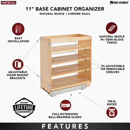 Rev-A-Shelf 6.5" Pullout Kitchen Cabinet Storage Organizer Slide Out Pantry Spice Rack with Adjustable Shelves, Natural Maple, 448-BC-6C