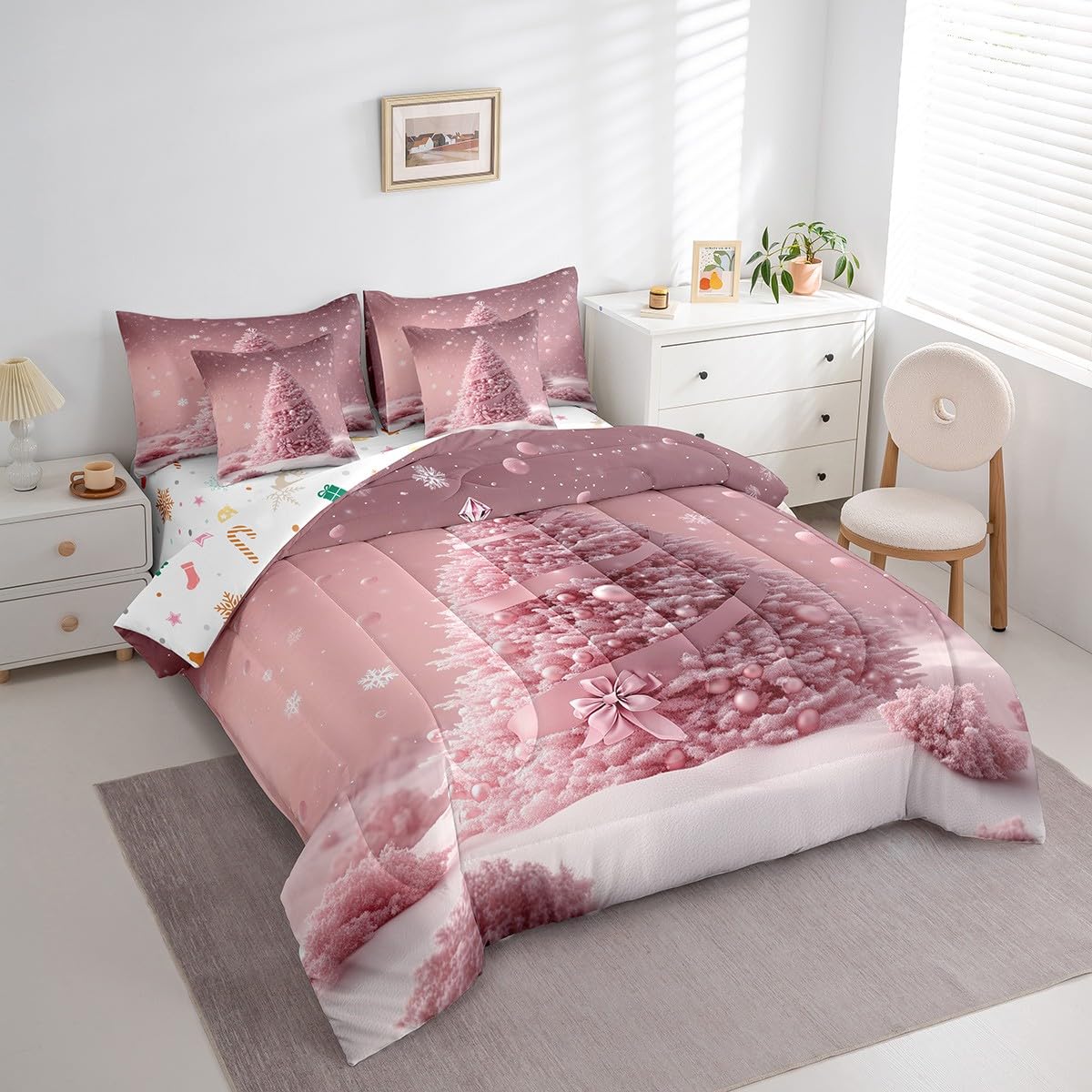 Manfei Pink Xmas Tree 7 Pieces Comforter Set Full,Kawaii Bowknot Snowflake Bedding Set for Bedroom Decor,Merry Christmas（Comforter+Fitted+Flat Sheet+2 Pillowcases+2 Throw Pillow Covers）