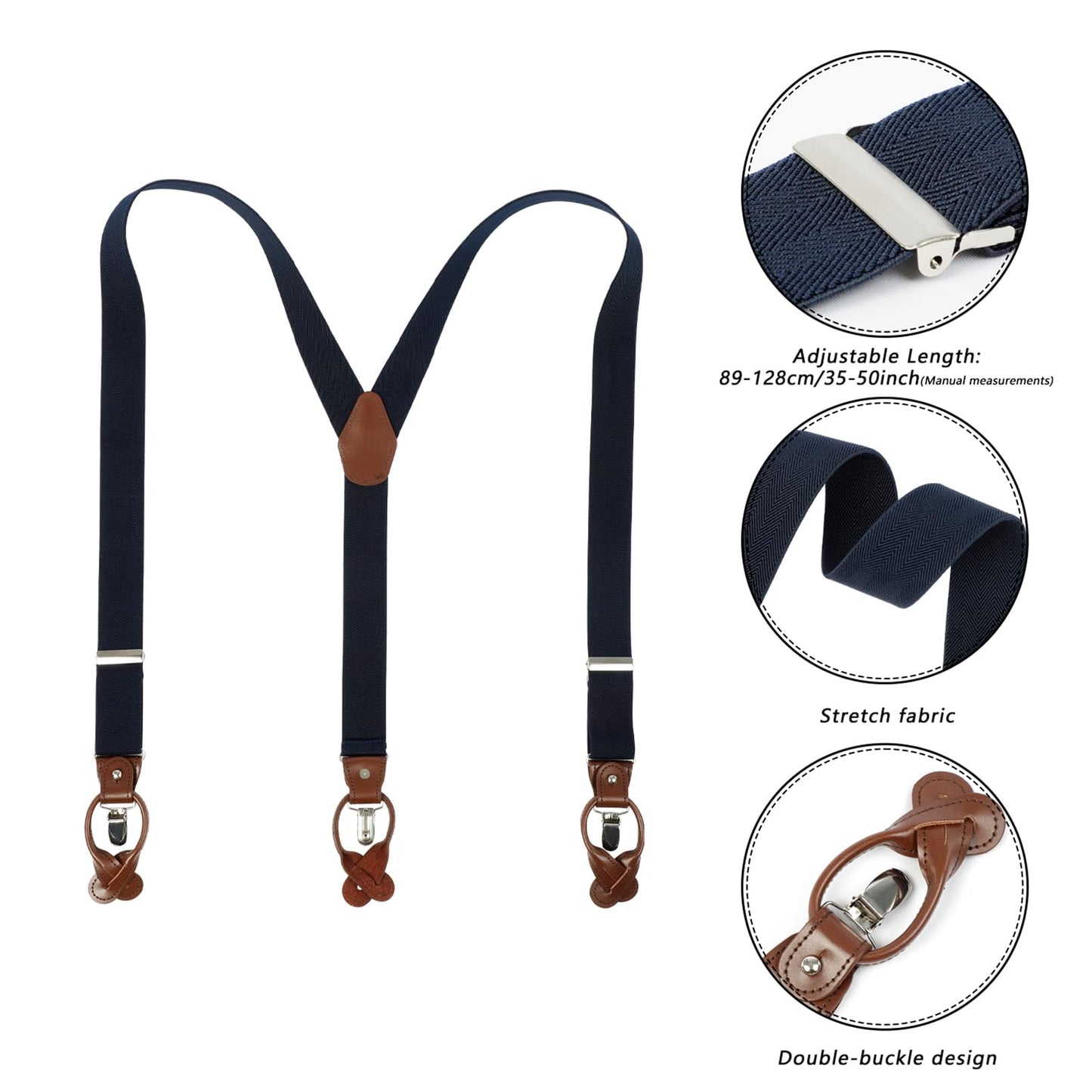 LEHOMU Men Suspenders Adjustable,1.4 Inch Wide Heavy Duty Y-Back Elastic Tuxedo Elastic Mens Suspenders with Leather Buttons and 3 Metal Clips,Dark Blue