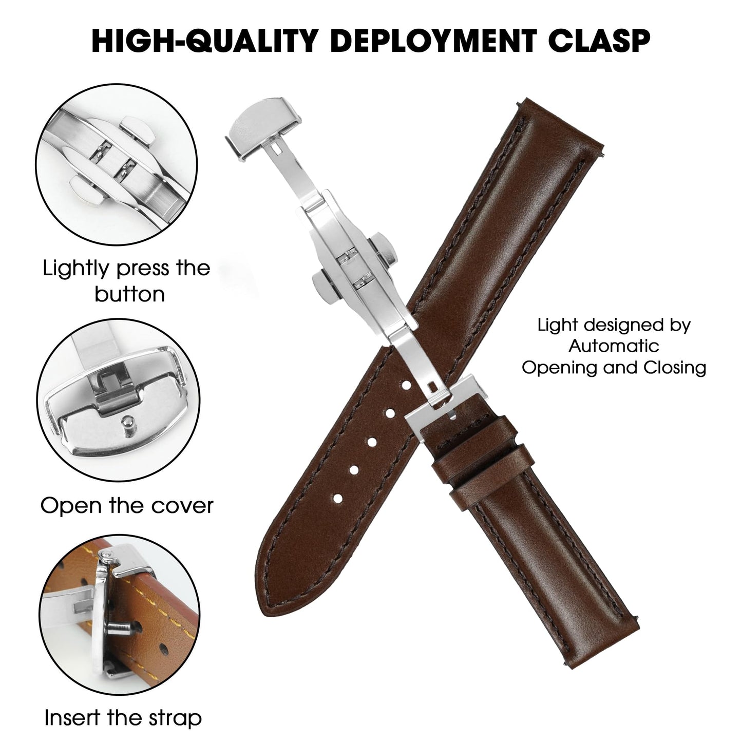 20mm Dark Brown Leather Watch Band Deployment Clasp Quick Release Handmade Leather Strap Butterfly Buckle Replacement Wristband for Men, Christmas Fathers Day Gift for Dad Son Husband DH-203D-S-20MM
