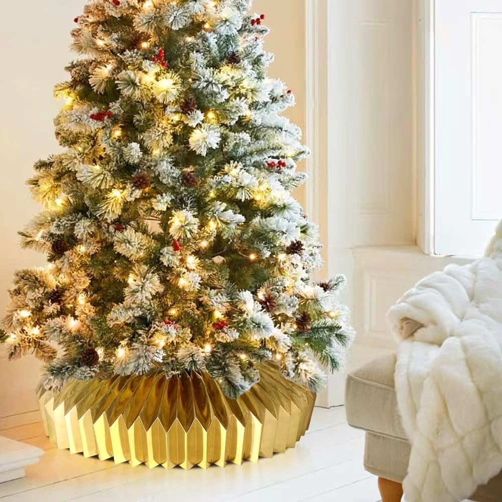 JOICEE Honeycomb Christmas Tree Collar,Foldable Paper Christmas Tree Ring Modern Tree Base Cover Basket Skirt Collars for Artificial Trees Christmas Holiday Home Decoration (Gold)