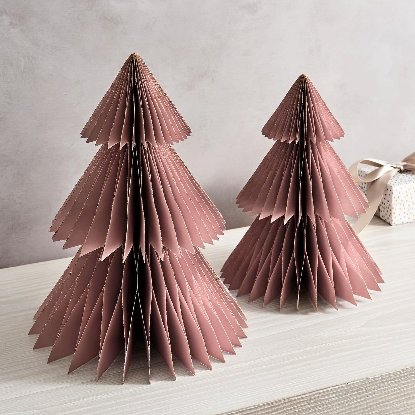LampLust Paper Christmas Tree Decor, 2 Pack Dusty Rose Honeycomb Paper Trees, 10" & 12", Pink Decor, Winter Wonderland Decorations, Winter Decoration for Home, Winter Mantel Decor