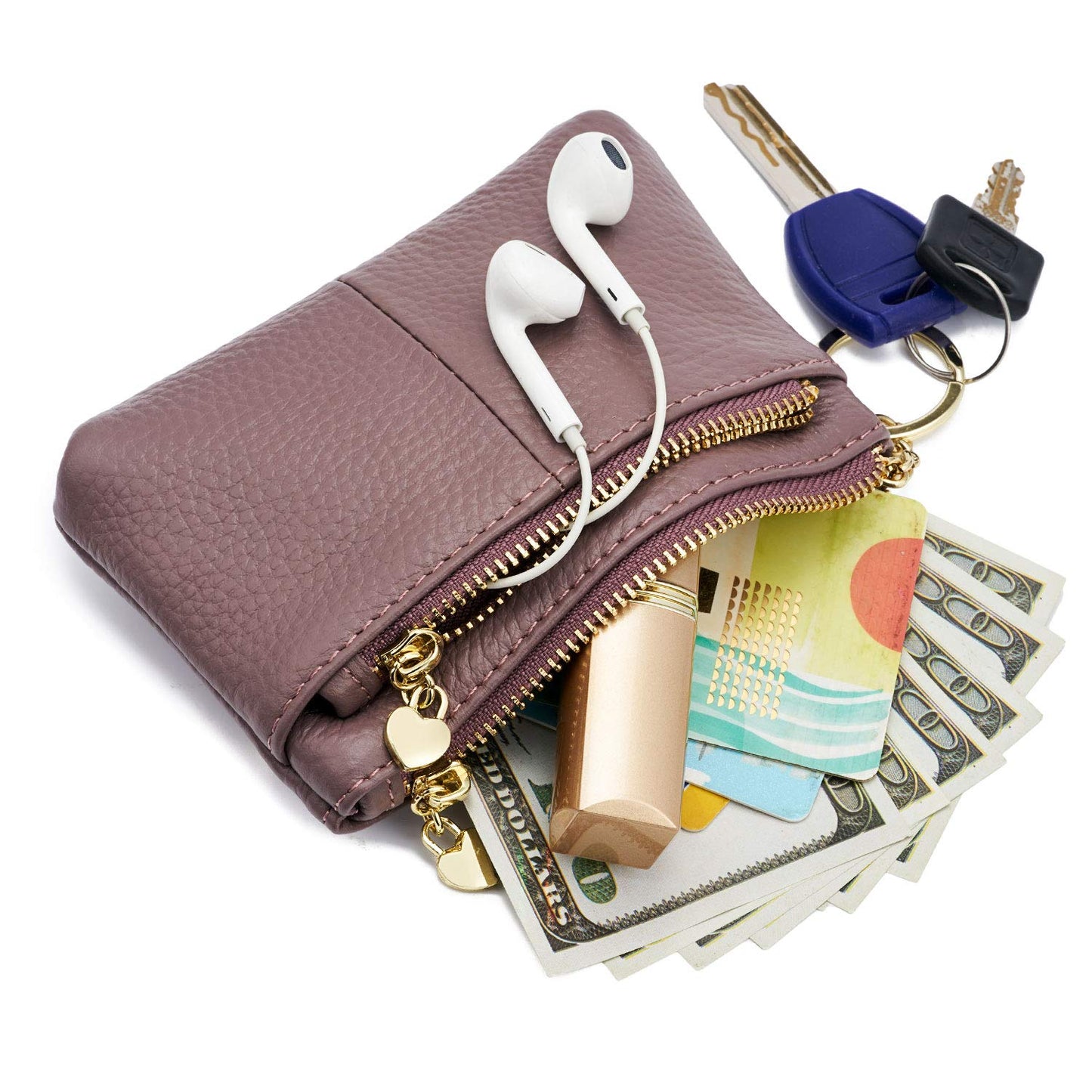 ZOOEASS Coin Purse Women Genuine Leather Zip Mini Purse With Key Ring Triple Zipper Card Holder Wallet (Purple)