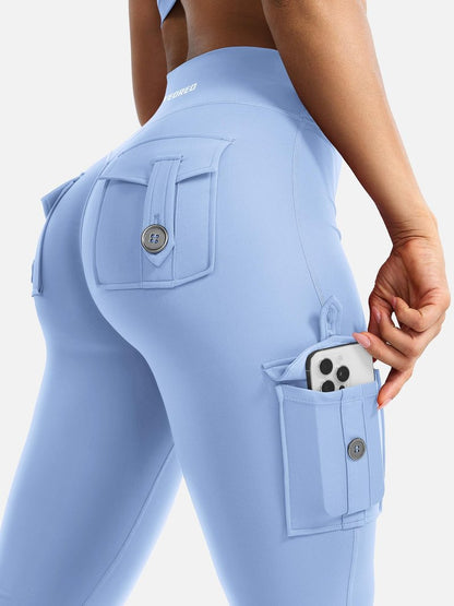 YEOREO CoreFlex Women Workout Flare Leggings with Pockets Hidden Scrunch High Waisted Cargo Gym Yoga Leggings Light Blue S