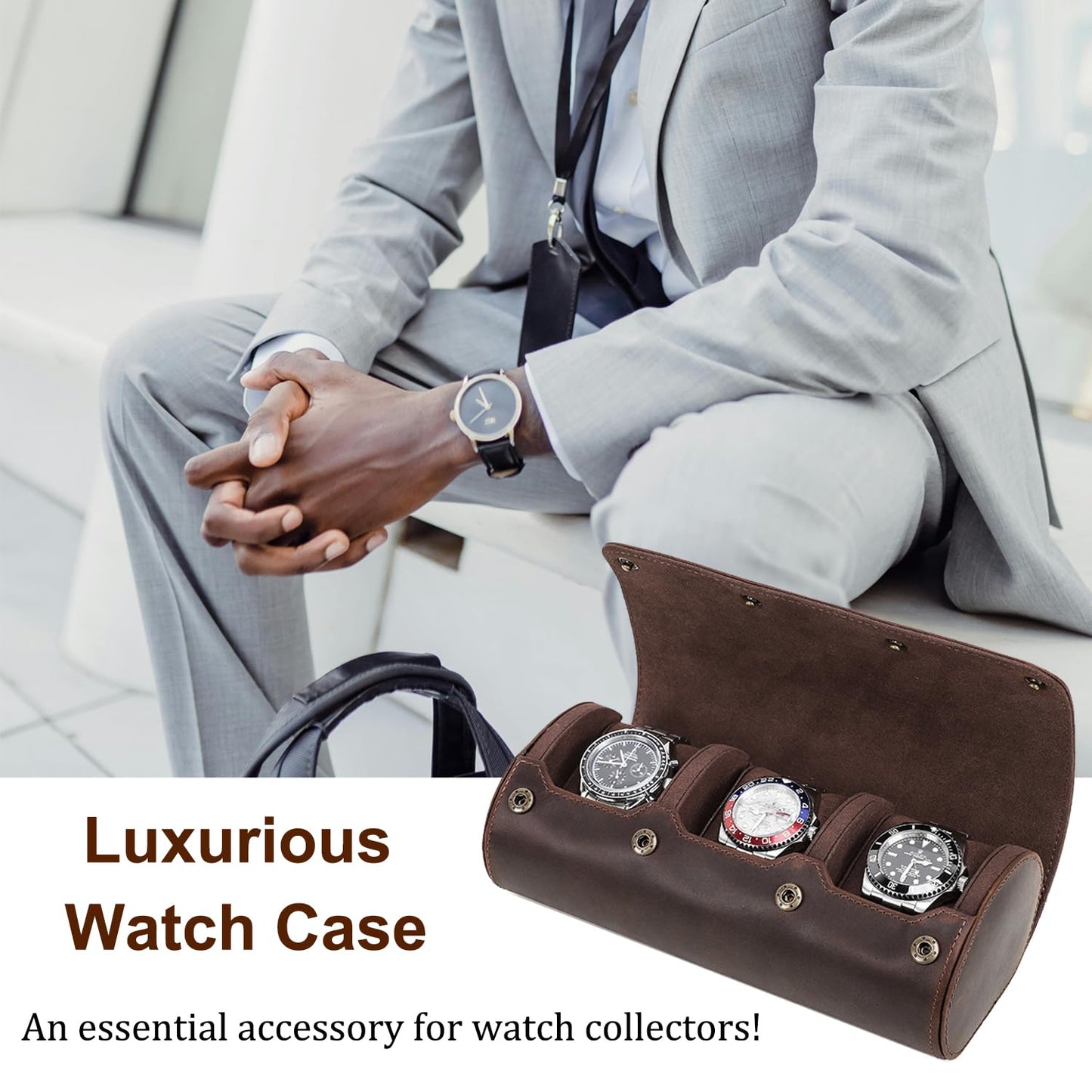 Acidea Genuine Leather Watch Roll Travel Case, Travel Watch Case for Men, Leather 3-Watches Roll Case for Bracelets, Portable Watch Storage Organizer with Removable Pillows