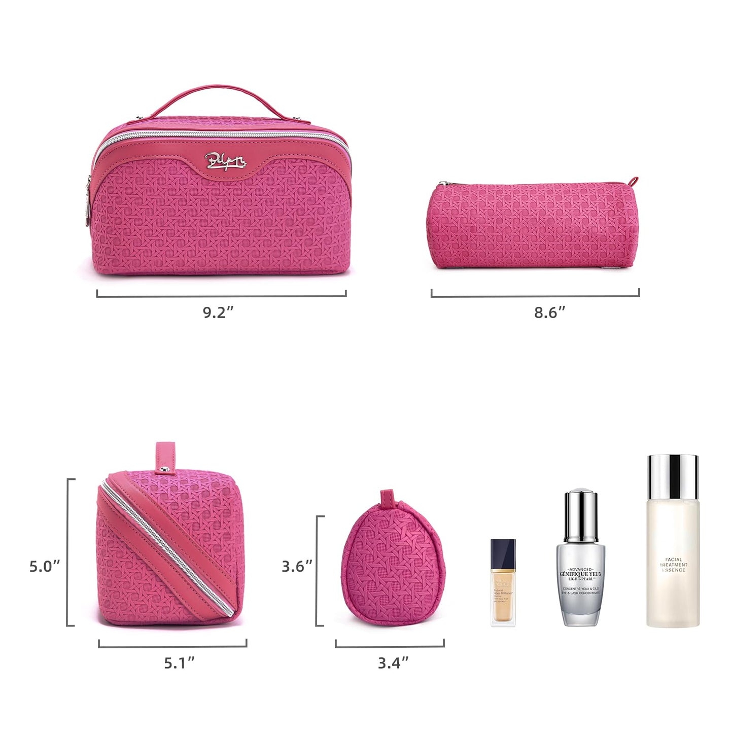 BOYATU Travel Makeup Bag Cosmetic Bags for Women: Large Capacity 3 Pcs Set Make up Bag with Compartments - Waterproof Vegan Leather Toiletry Organizer Bags with Handle (M-73Rose)