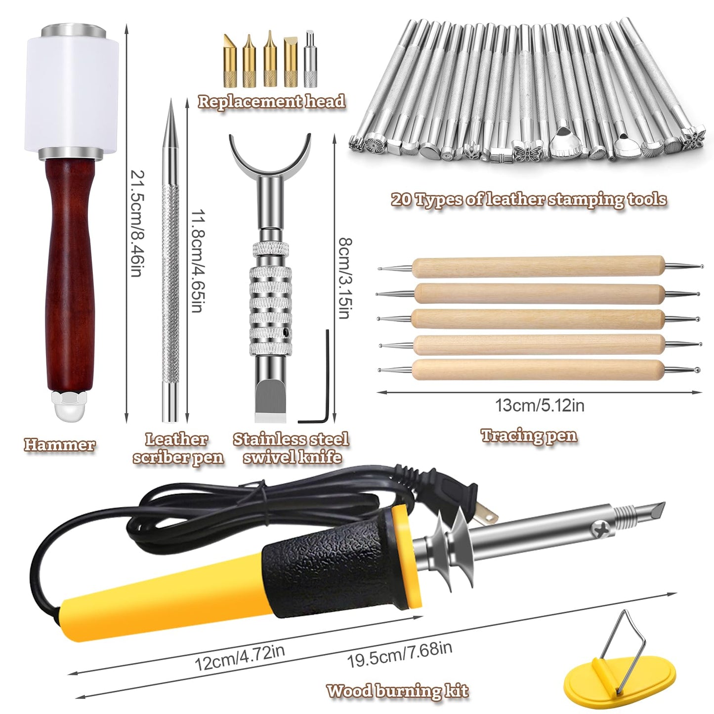 Leather Stamping Tools, Leather Carving Set, Working Kit for Beginners with Wood Burning Kit, Stamp Punch Set and Adjustable Swivel Knife, Carving Working Saddle Making