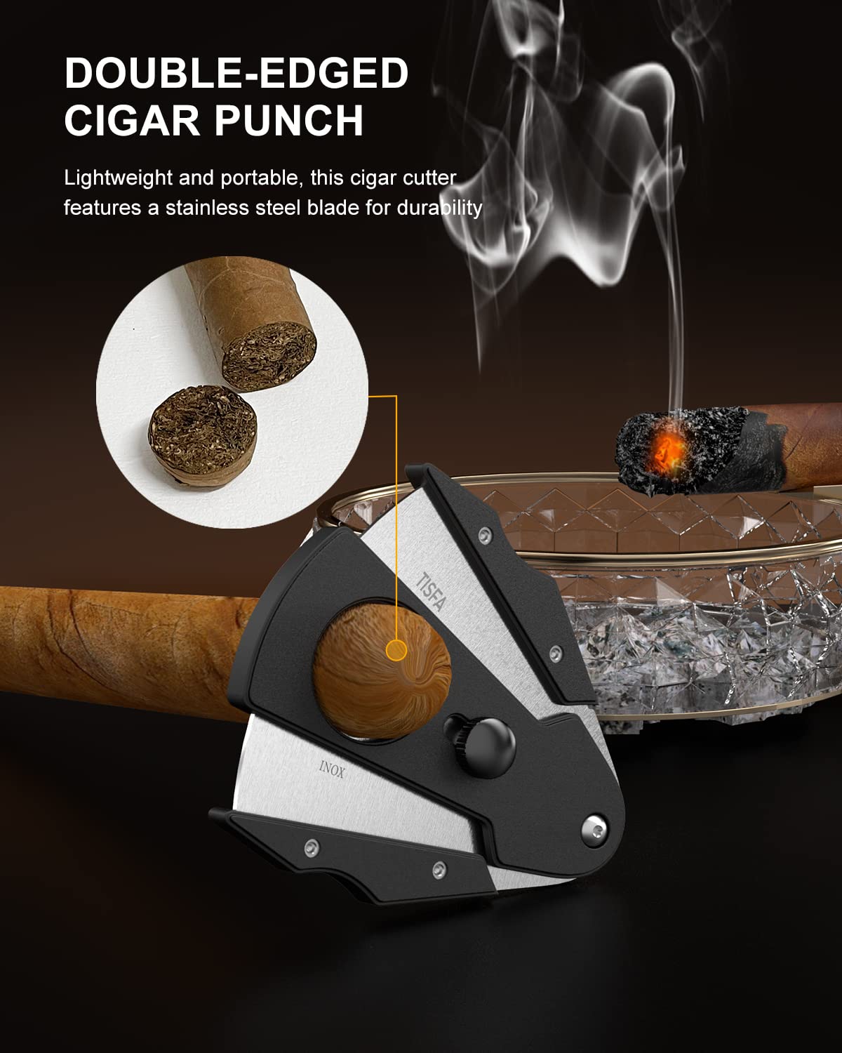 TISFA Cigar Cutter Stainless Steel Double Cut Blade with Safety Lock Cigar Guillotine, Sharp Cigar Clipper Scissors with Leather Case (Black)