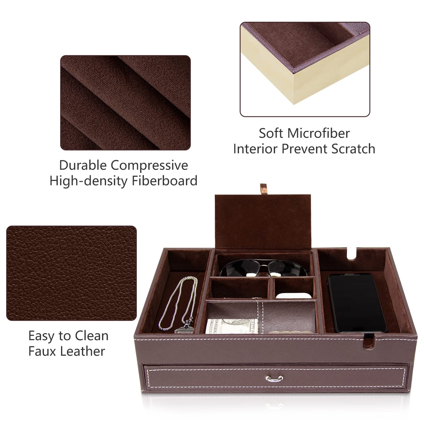 Baoyun Valet Tray for Men, 2 Layers Nightstand Organizers for Men and Women, Leather Jewelry Storage Box, Mens Dresser Top Organizer, Catch All for Jewelry Key Wallet and Phone (Brown)