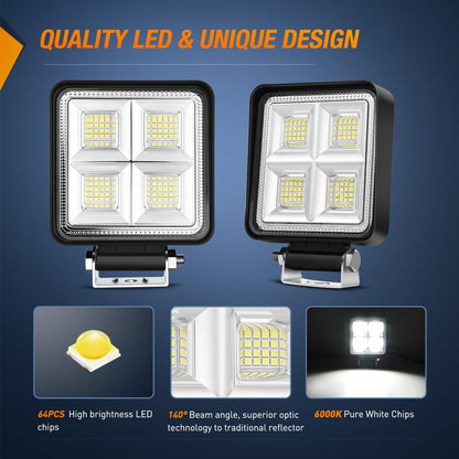 Nilight LED Tractor Lights LED Pods Square 2PCS 4 Inch 64LEDs Flood Bar Fog Driving Work Lighting for Truck Off Road Vehicles ATV UTV Boat