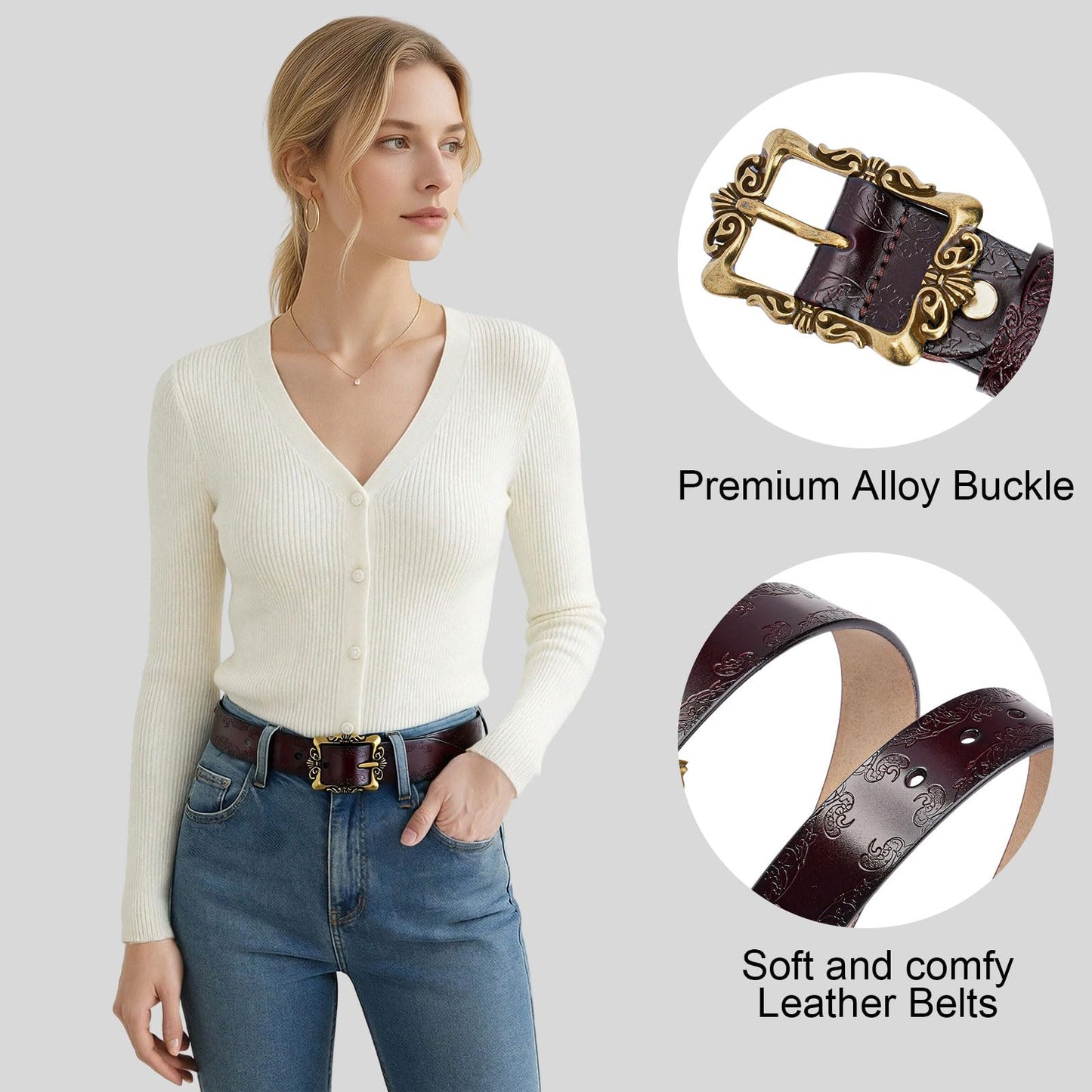 LEEXTON Womens Leather Belt Fashion Soft Waist Belt with Pin Buckle for Jeans Dress Leisure Pants