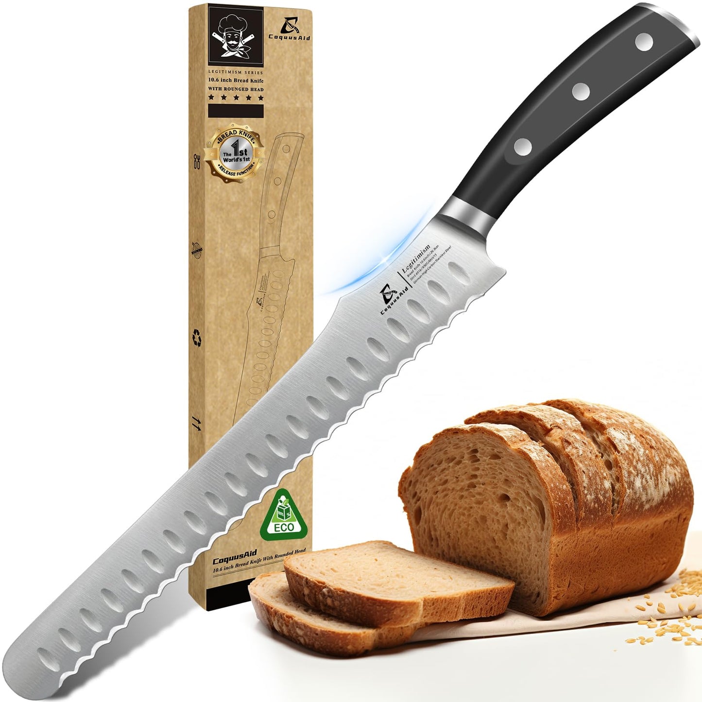 CoquusAid Bread Knife for Homemade Bread, 10.6 Inch Multifunction Serrated Knife, Razor Sharp Slicer, High Carbon German Steel Bread Cutter, Ergonomic Handle for Sourdough Turkey Fruit Cutting, Gift