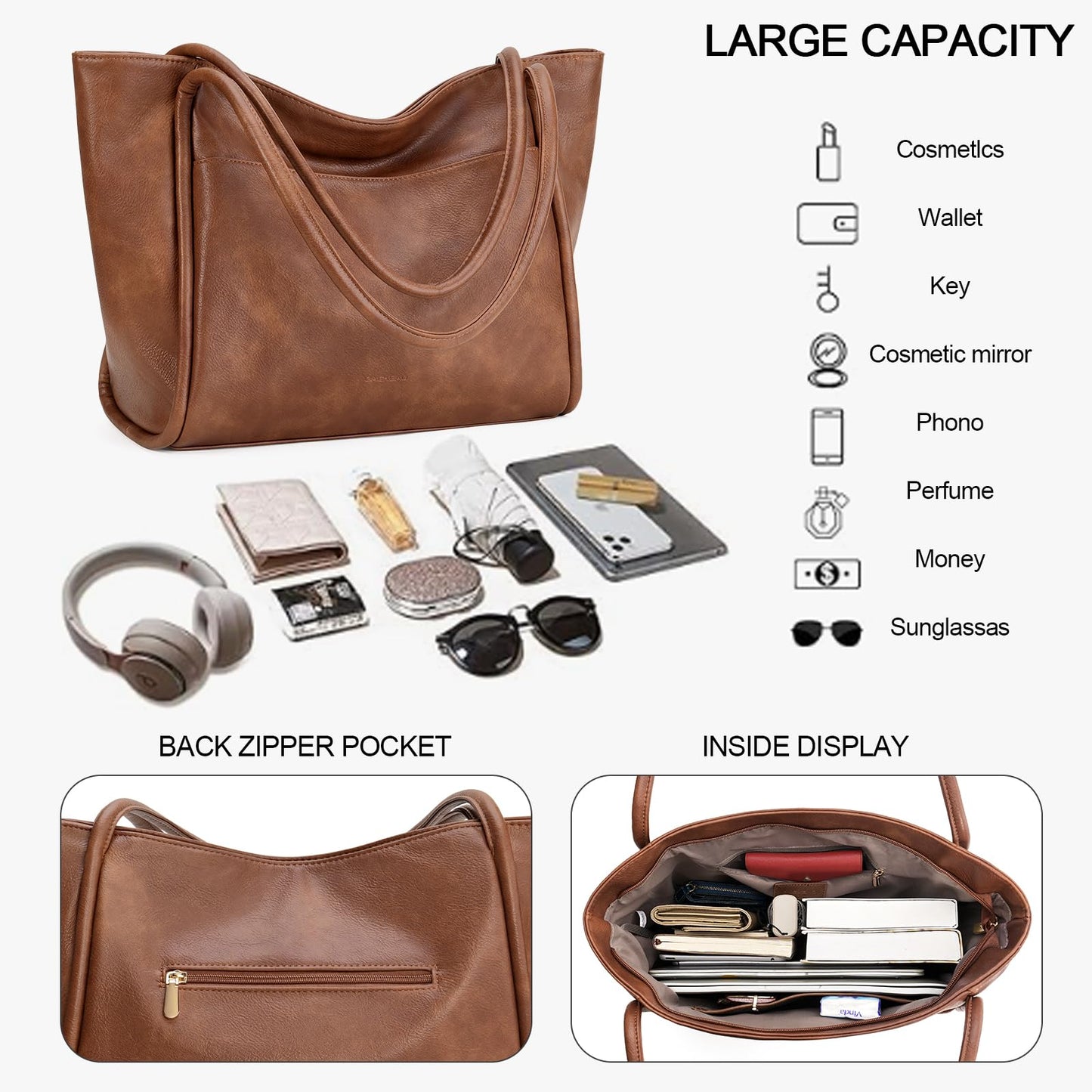 GAEKEAO Tote Bag for Women Work with Zipper Vegan Leather Ladies Travel Shoulder Bags Purses and Handbags Casual Weekender