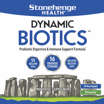 Stonehenge Health Probiotics 55 Billion CFU - 16 Strains, Prebiotic, Synbiotics Dynamic Biotics - Lactobacillus Acidophilus, Delayed Release, Shelf Stable, Non-GMO Gluten Free Veggie Capsule