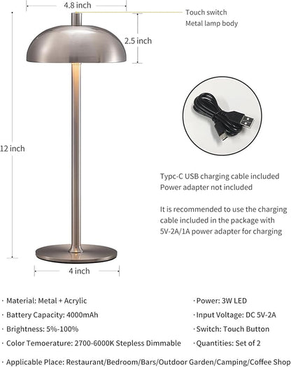 Cordless LED 12" Small Table Lamps Set of 2, Modern Portable Desk Lamp, 3 Color Dimming Rechargeable Battery Lights, for Bedroom, Outdoor, Restaurant, Bedside, Baby Night Light, Gifts (Nickel)