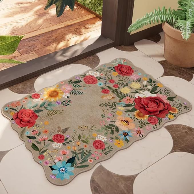 Washable Entryway Small Area Rugs: Door Mat Indoor Entrance 2x3 Floral Rug Ultra Thin Stain Resistant Non Slip Low Pile Lightweight Carpet for Kitchen, Front Door, Small Spaces Decor (Khaki)