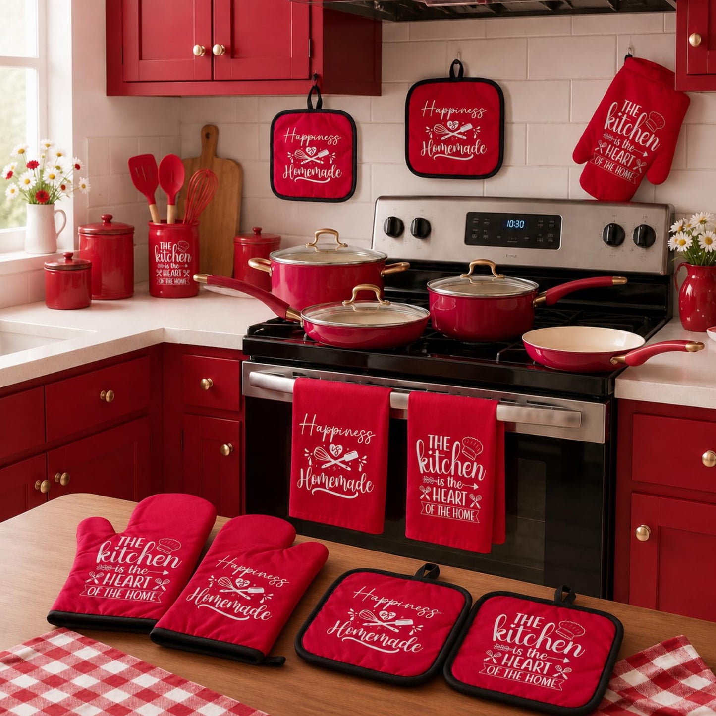 Sratte 6 Pcs Kitchen Decor Accessories Set Farmhouse Towels Pot Holders Oven Mitts Set 2 Dish Towels 2 Potholders 2 Cooking Mittens Oven Glove for Christmas Baking Cooking Supply(Red,Kitchen)