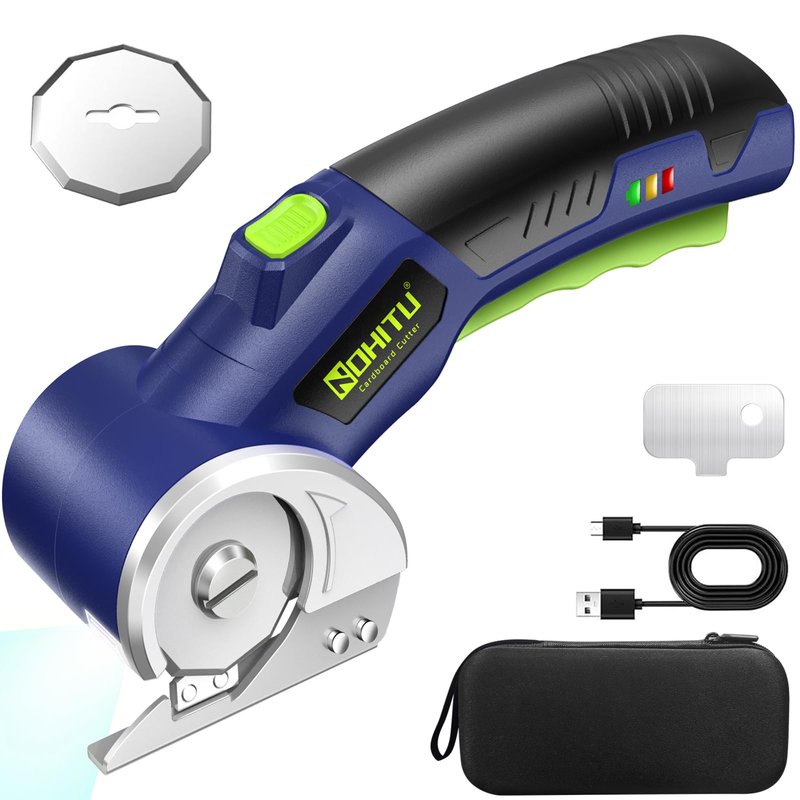 Cordless Electric Scissors: 4V Rechargeable Rotary Cardboard Cutter, 3000mAh Battery, with LED Light & Safety Lock, 2 Blades, Electric Box Cutter for Fabric Carpet Carton Plastic Leather Cloth (Blue)